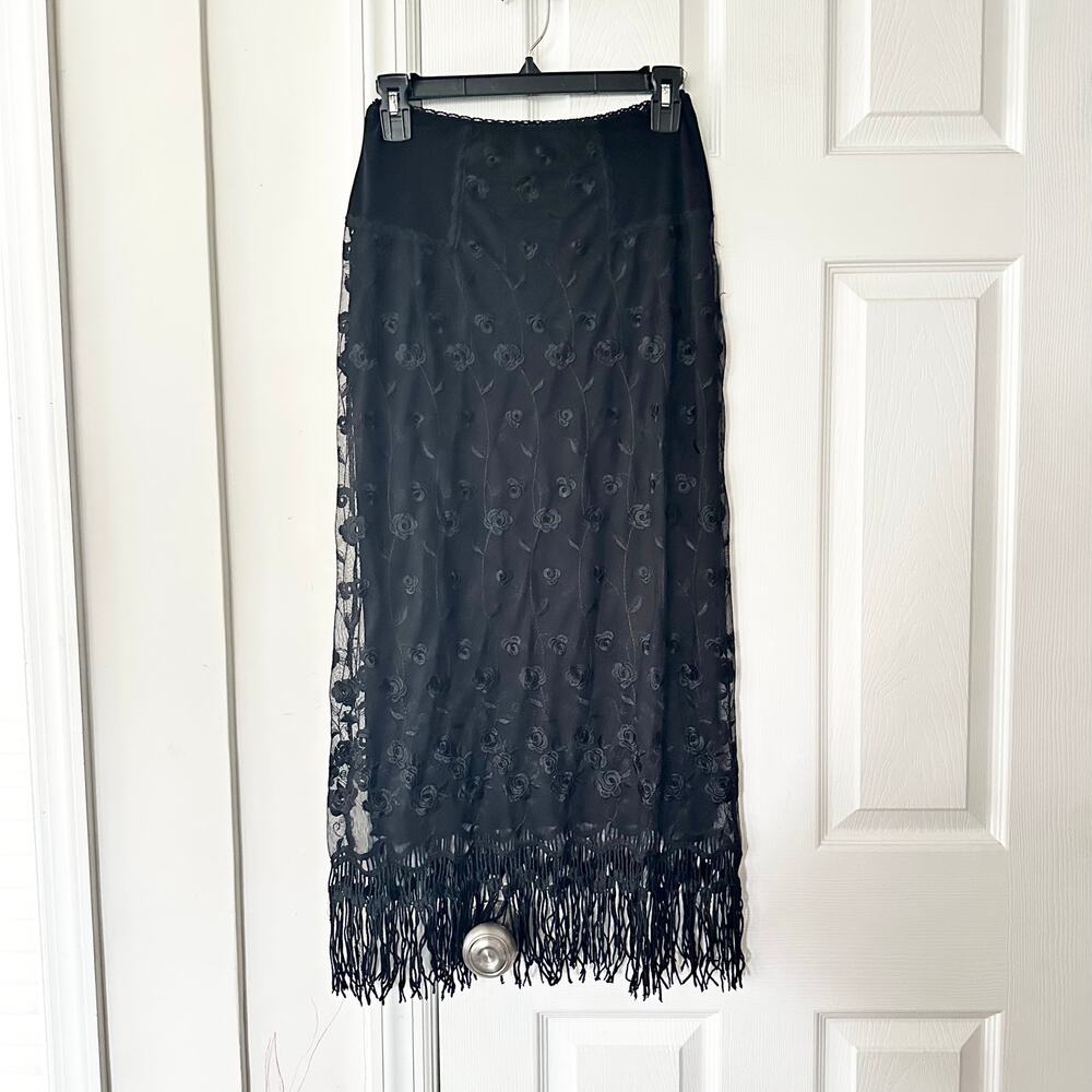 White House Black Market Vintage Black Lace Y2K Tassel Fringe Midi Slinky Skirt
